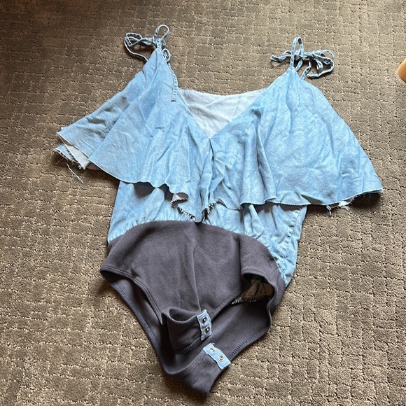 NWT ZARA Blue Denim Ruffled Chambray Camisole Spaghetti Strap Bodysuit Small - Picture 6 of 15